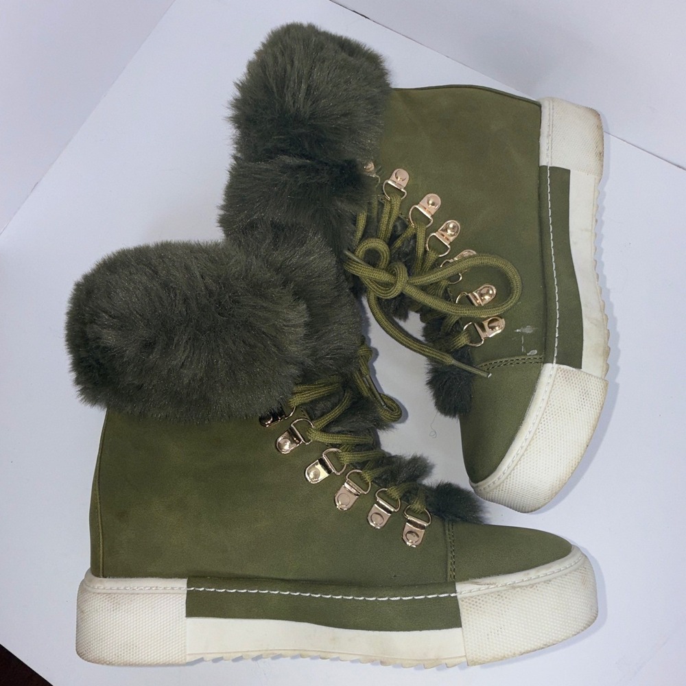 Liliana Wedge Bootie Womens 8.5 Olive Green Faux Fur Lace Up Hidden Wedge Winter - Picture 8 of 11